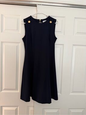 Calvin Klein Navy Sleeveless A-Line Dress with Gold Button Detail